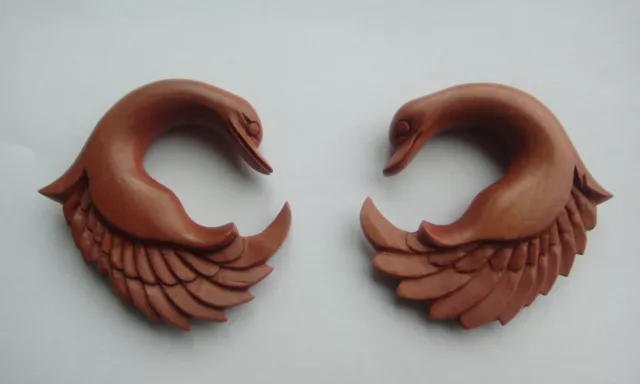 Pair Carved Organic Tribal Feather Wing Swan Sawo Wood Spirals Ear Plugs Gauges 3