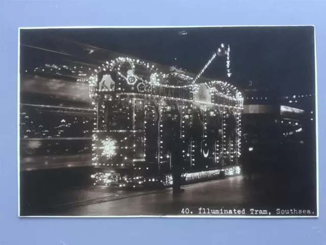 'Play Up Pompey' Southsea illuminated toast rack tram car RP postcard Portsmouth