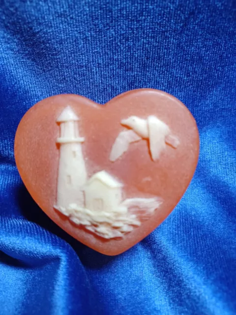 Vtg R Nemith Incolay Stone Trinket Box Heart w/ Lighthouse & Gull Pink/Rose
