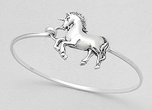 11.7g Sweet Solid Sterling Silver Magical UNICORN PEGASUS Horse Bangle Cuff NEW