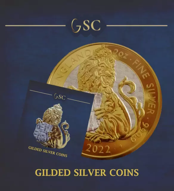 2022 Silber Tudor Beasts Löwe von England 2oz 0,999 vergoldete Münze RM Edition