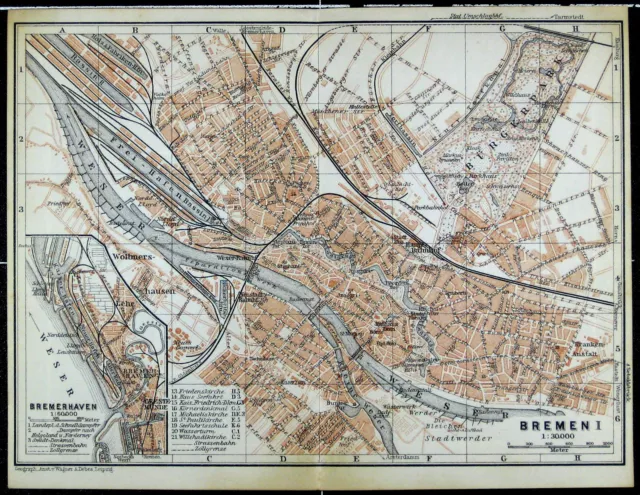 BREMEN, alter farbiger Stadtplan, datiert 1911