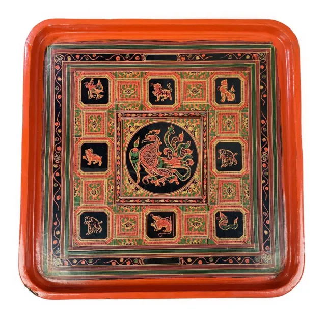 Zodiac Burma Lacquerware Lacquer Square Tray Vtg Asian Astrological