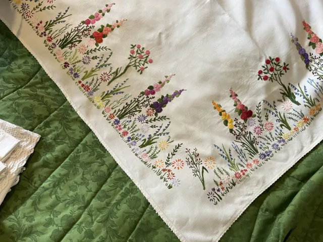 Vintage Hand Embroidered Linen Tablecloth-Exquisite Fairistytch Garden Flowers 3