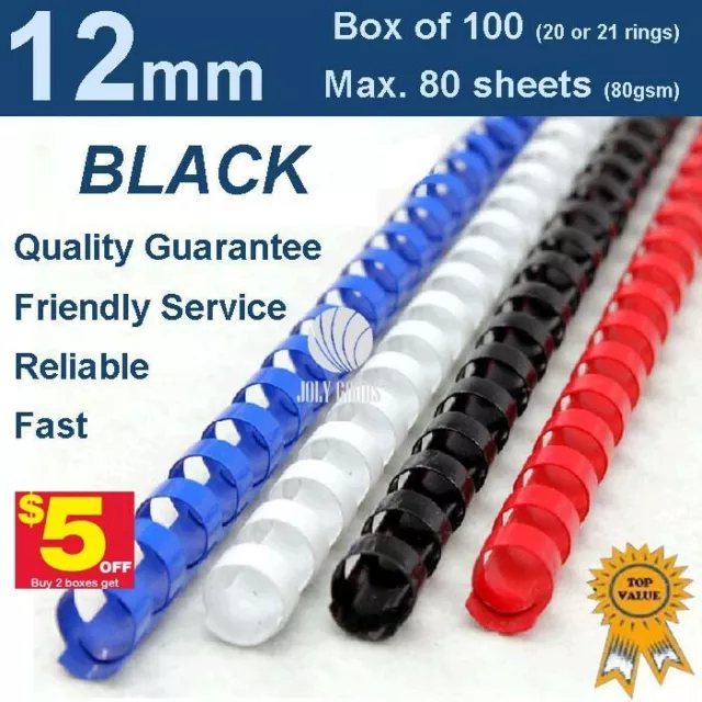 12mm Plastic Binding Combs BLACK -20 or 21 ring (Box 100) buy 2 boxes get $5 off