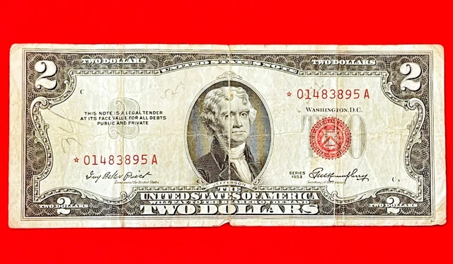 1953 TWO Dollar Bill STAR NOTE 2 Red Seal & VERY LOW SERIAL Number *0148389A