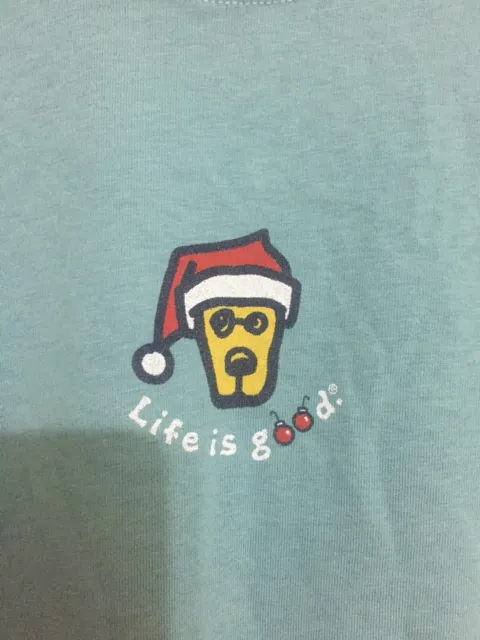 LIFE IS GOOD Womens "Christmas Dog" Green M Long Sleeve Cotton T-Shirts