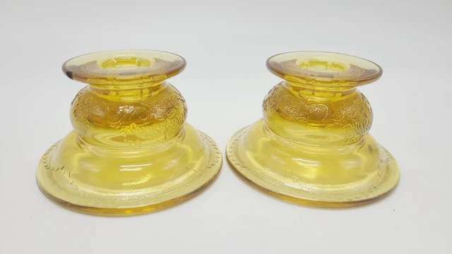 Antique Federal Glass Co. Madrid Amber Depression Glass Candle Holders Set of 2