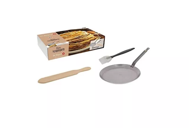 DE BUYER Poêle à crêpes Minéral B 26 cm + pinceau  spatule Française 5615.01 Box