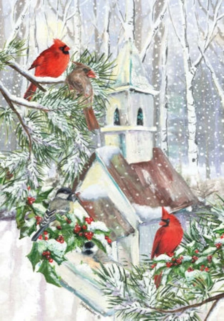 Red Cardinal Church, Winter, Snow Garden Flag 12"x18", Custom Decor, 2 Sided