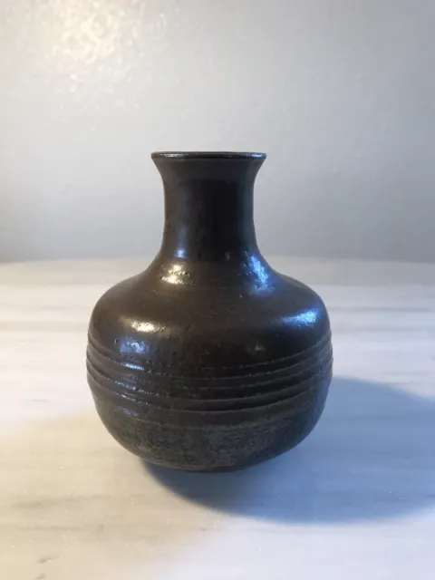 Vintage Ceramic Art Pottery Brown Bud Vase Round Mid-Century Modern MCM Signed