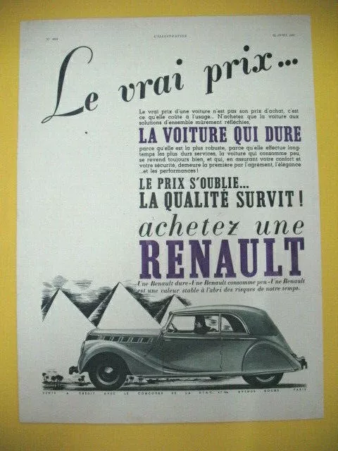 Renault Automobile Press Advertisement The Car That Lasts And Consumes Little 1937