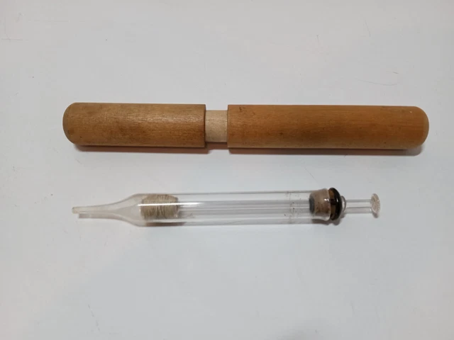 Vintage 1940's Glass Syringe with cork topper in original Wood Case