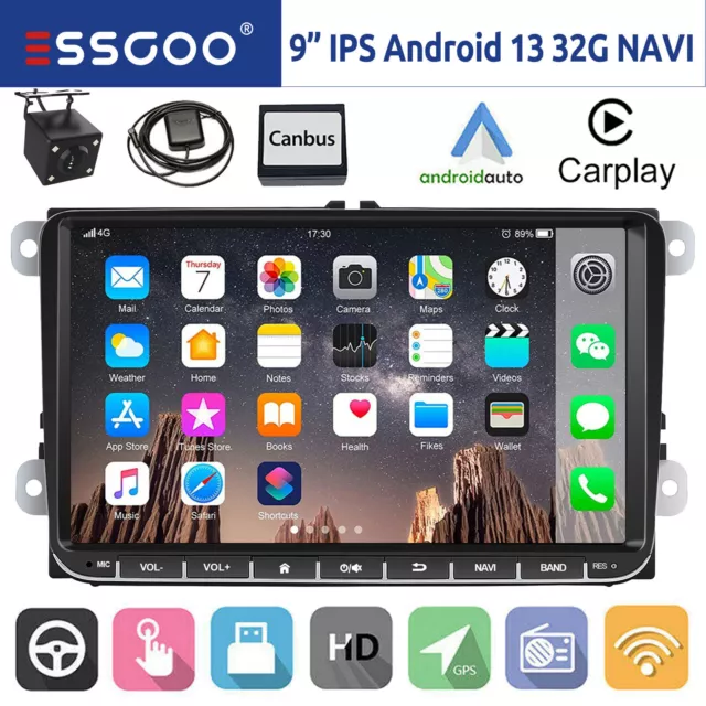 Radio de Coche 9" Carplay Android 13 32G GPS WIFI +Cám Para VW GOLF Jetta Passat