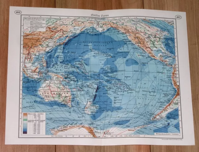 1938 Original Vintage Map Of Pacific Oceania Australia America Antarctica