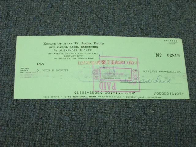 Sue Carol Ladd Signed Autographed Cancelled Check