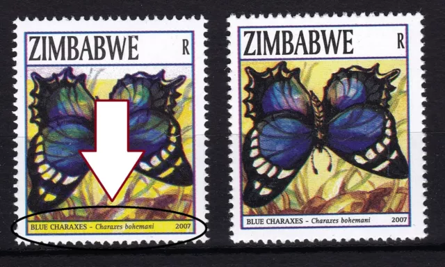 Zimbabwe 2007 ERROR 'yellow box' in R-value of the Butterflies issue, MNH / **