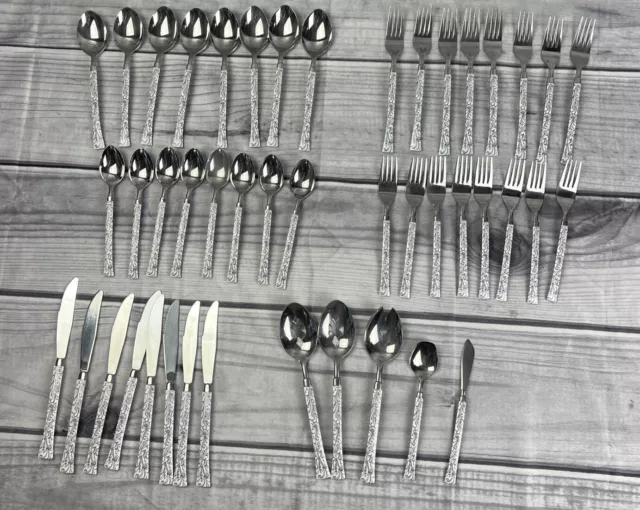 EPIC Flatware Silverware Stainless White & Black Floral/Gray Service For 8 Plus