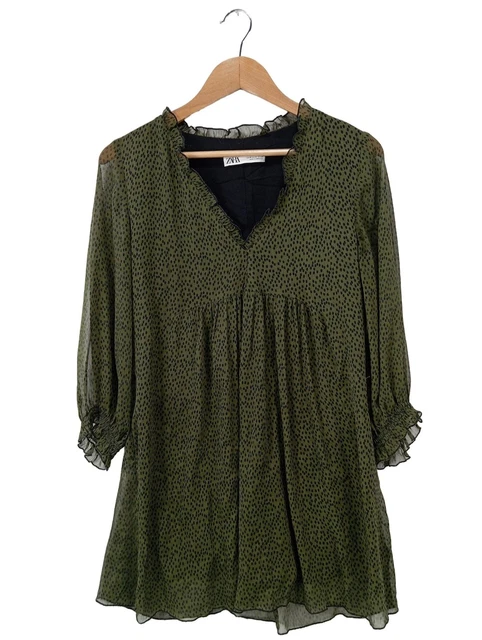 Robe Zara Vintage Taille M - Midi Évasée Motif Géométrique Vert Kaki, Sans Manches