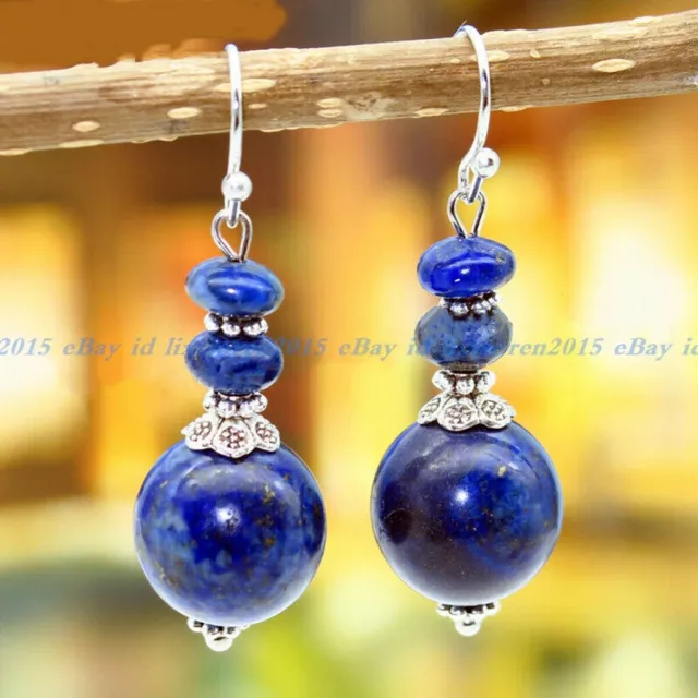 12mm Blue Lapis Lazuli Natural Gemstone Round Beads Dangle Silver Hook Earrings