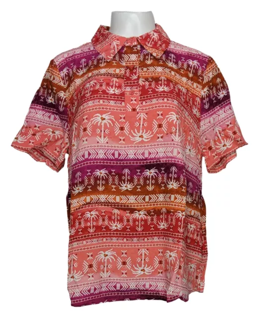 Denim & Co. Beach Printed Short-Sleeve Camp Shirt Women's Top Sz L Red