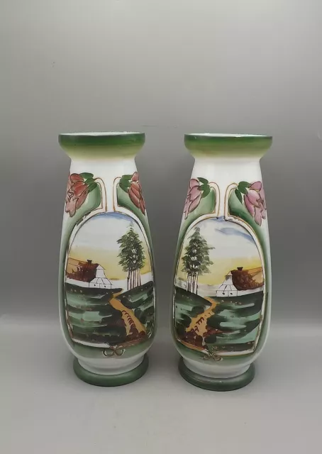 Mirror Pair Of Victorian Hand Painted Opaline Glass Vases C1890