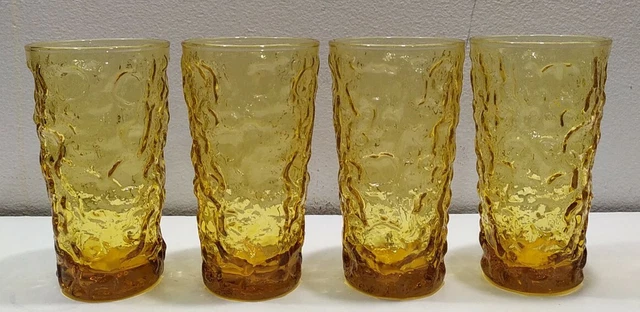 Set 4 Vintage amber yellow Glasses Hocking Lido Milano lava Crinkle Tumbler