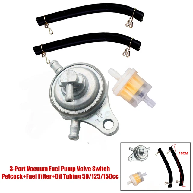 3-Port Vacuum Fuel Pump Valve Switch Petcock+ Fuel Filter 50/125/150cc Scooters
