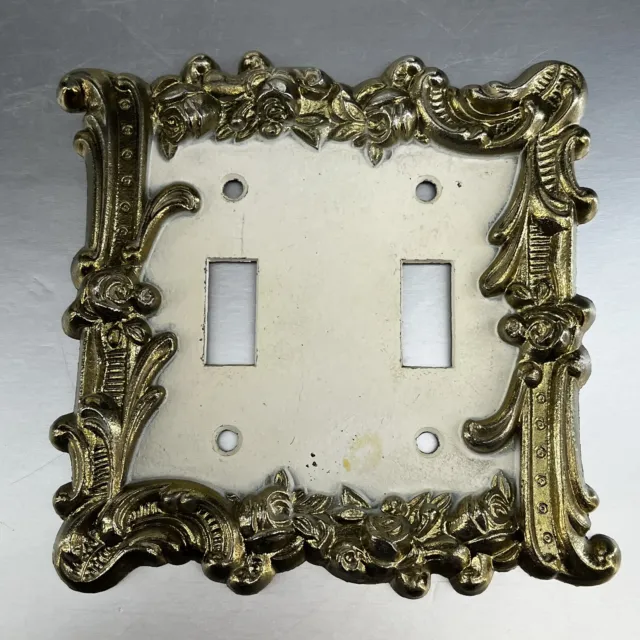 Vintage Ornate Decorative Brass White Duplex Light Switch Plate Cover MCM Double