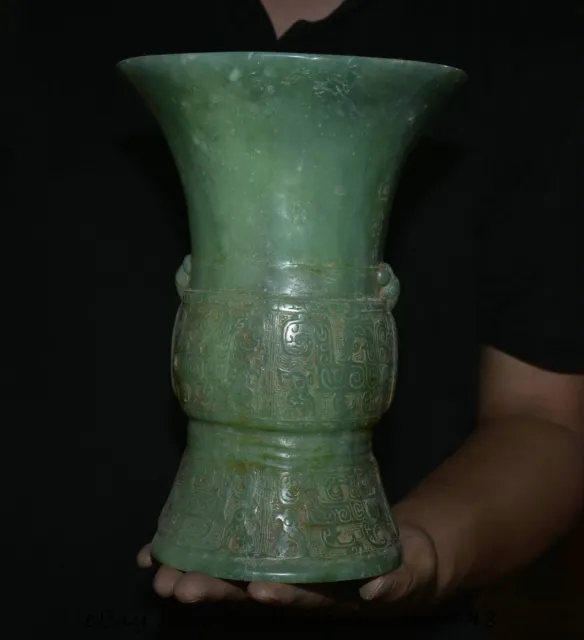 9.6" Old Chinese Green Jade Carving Dynasty Beast Zun Bottle Vase Statue