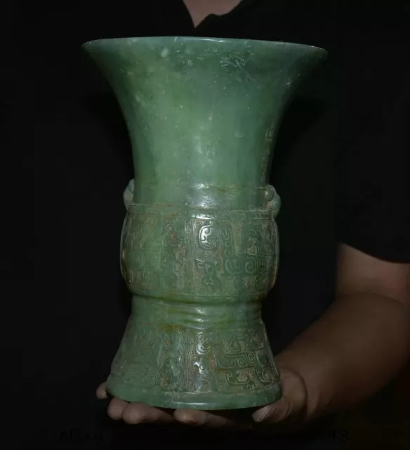 9.6" Old Chinese Green Jade Carving Dynasty Beast Zun Bottle Vase Statue
