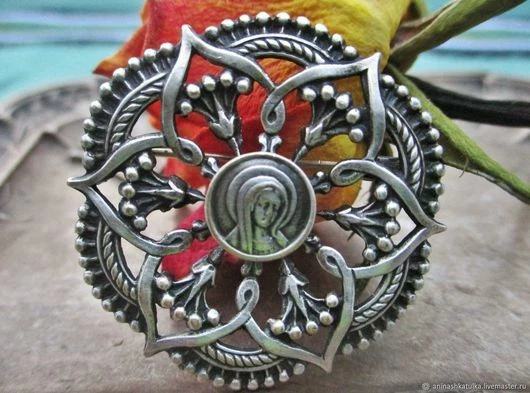 Broche Ancienne Art Nouveau - Fleur Et Vierge - Argentée - Bon état