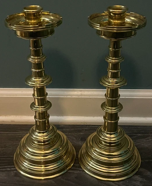 RARE EARLY VINTAGE Catholic Church Altar Gold Brass Candlestick Set