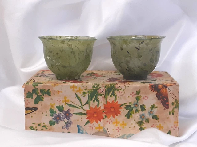 Pair of Small Chinese Green Spinach Jade Bowls (Faux Jade) Boxed, Vintage