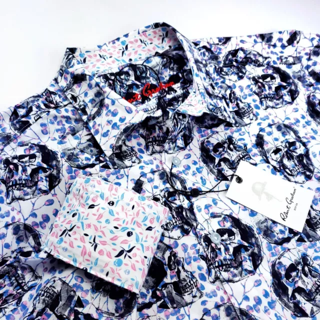 Robert Graham Floral Colorful Black SKULL HEADS Masterpiece Print Shirt $199