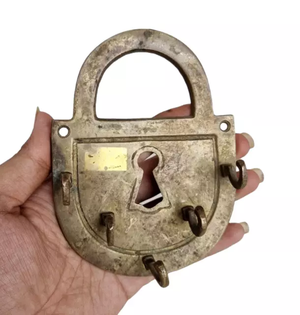 Vintage Old Antique Brass Handcrafted Lock Shape Beautiful 5 In 1 Hanger Hook