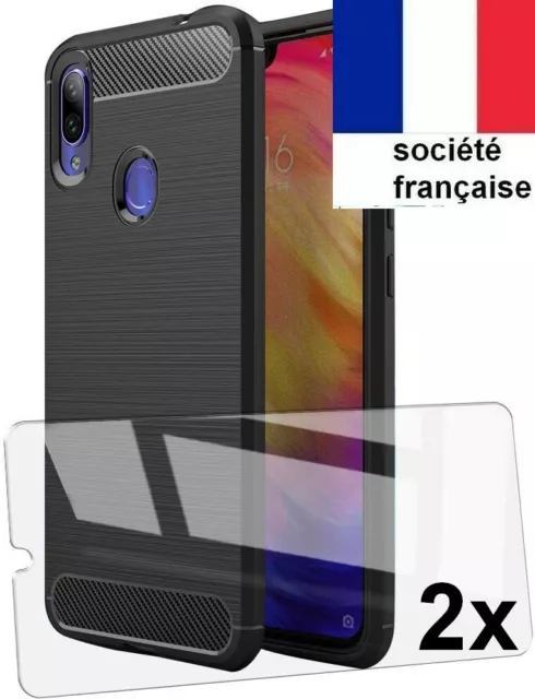 Coque Xiaomi Redmi Note 7 + 2X Vitre En Verre Trempe Housse Etui Noir Carbone