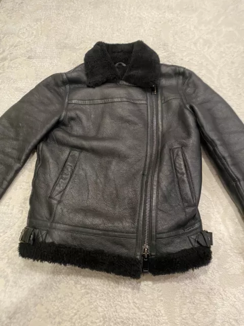 Rare Reiss Shearling Sheepskin Leather Black Jacket Size 6 3