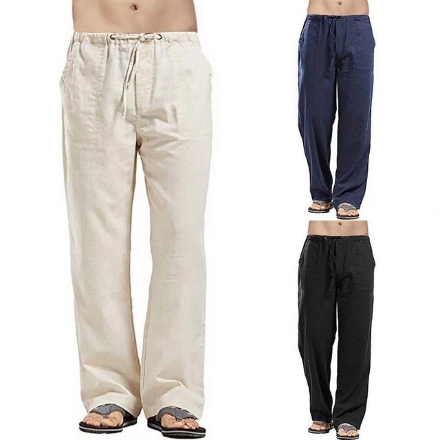 Men's Cotton Linen Pants Summer Beach Yoga Elasticated Drawstring Loose Trousers