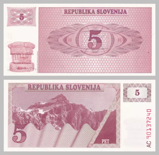 Slowenien / Slovenia 5 Tolarjev 1990 p3a unz.