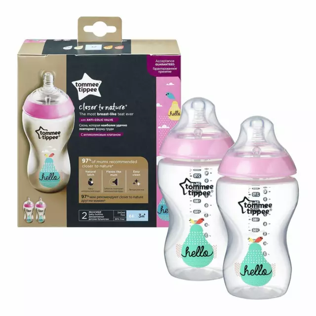 Tommee Tippee  Decorated Feeding Bottles x2   340ml Boys/Girls Age 3m+  Bpa free