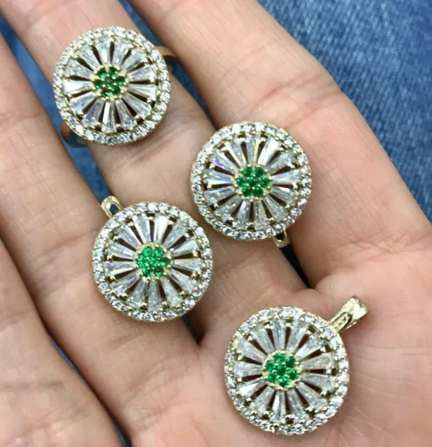 Flawless Detailed Emerald Multi Stone Handcraft 4 Pieces Set 925 Sterling Silver