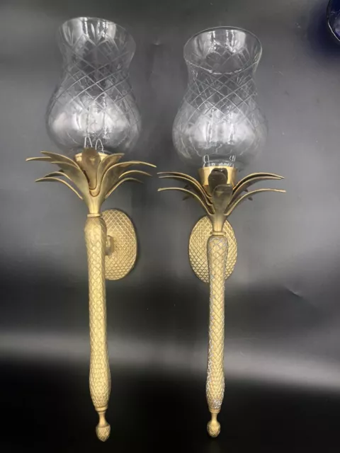 Pair of Solid Brass Hollywood Regency Palm Taper Candle Holder Wall Sconce 15"-W