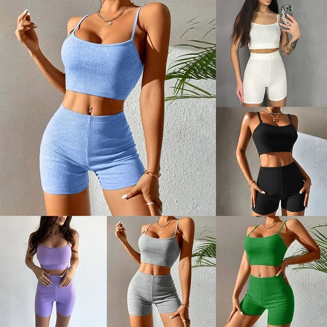 Confortevole set lounge yoga sportivo donna con serbatoio a costine e pantaloncini senza cuciture