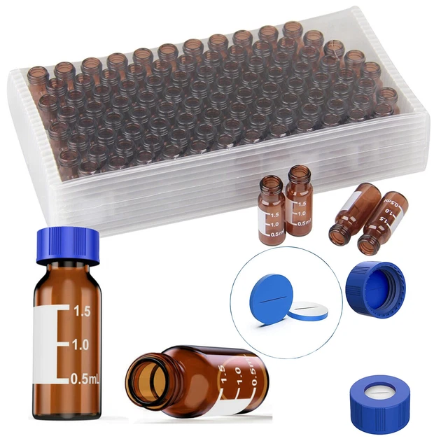 500pcs 2ml Amber HPLC Autosampler Vials Caps Glass Bottle Screw Top Writing Area