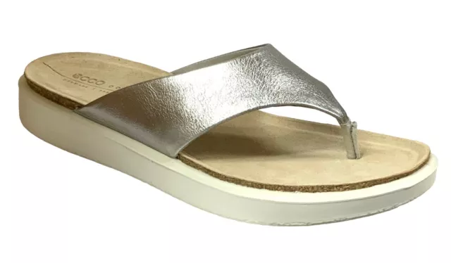 Ecco Corksphere Leather Thong Sandals Flip Flop Shoe Silver Womens Size US 9-9.5