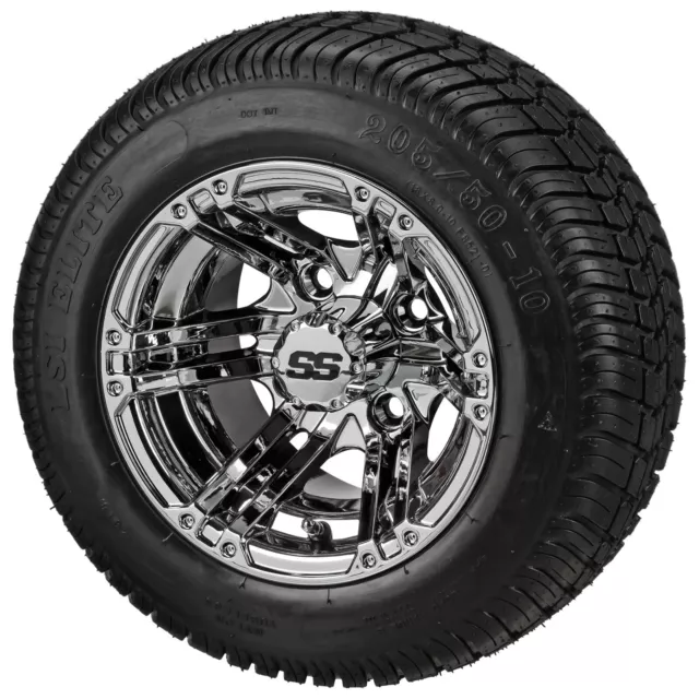 4 Golf Cart 205/50-10 Low Profile  DOT Tires  On 10x7 Chrome Yukon Wheels