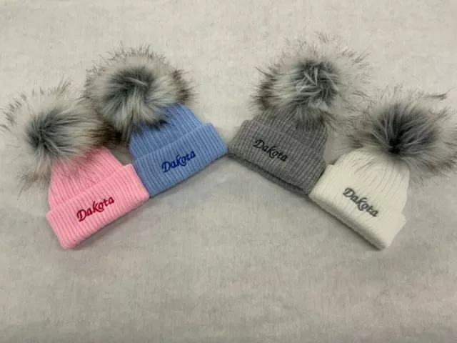 Personalised Unisex Baby Boy Girl Hat Faux Pom Pom Baby Shower Gift Name Year