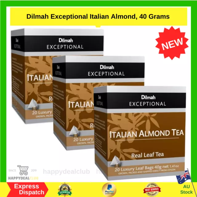 3 x Dilmah Exceptional Italian Almond Ceylon Tea Luxury Leaf Bags 40g NEW AU