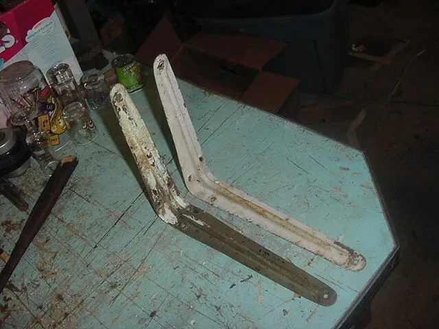 VINTAGE SHELF BRACKETS 8 x 10 LOT OF 2 CHIPPY WHITE/LIME PAINT STAMPED STEEL